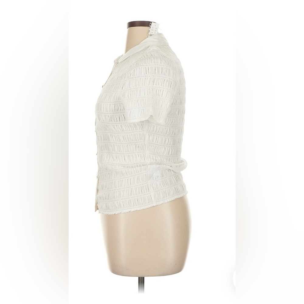 J. Crew White Cap Sleeve Smocked Dress Shirt Collar Top - Picture 2 of 7
